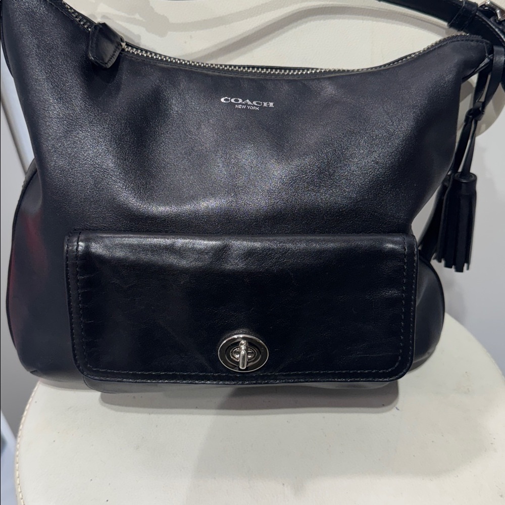 Coach Black Leather Shoulder Bag with Front Turnlock Pocket